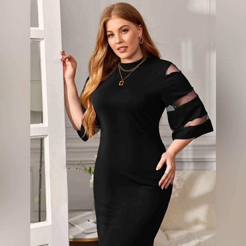 Chic SHEIN Plus Size Mock Neck Contrast Mesh Spilt back Dress